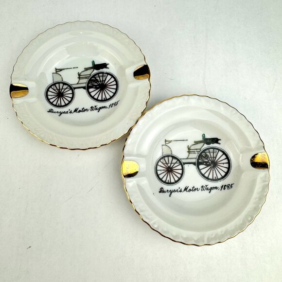 Vintage Gold Rim Ashtray Duryeas Motor Wagon 1895 Set of 2 Made in Japan - Picture 1 of 8